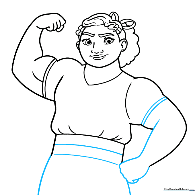Sketch showing both arms and the waistband of Luisa's skirt.