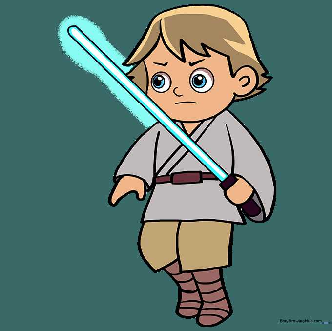 Finished, colored drawing of Luke Skywalker with a glowing lightsaber.