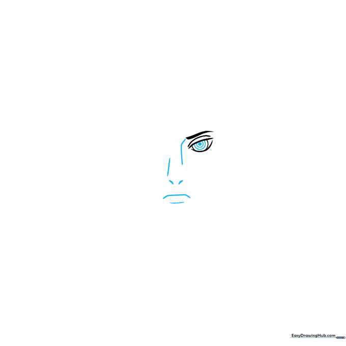 Detailed sketch showing the iris, pupil, nose bridge, and a stern mouth expression.