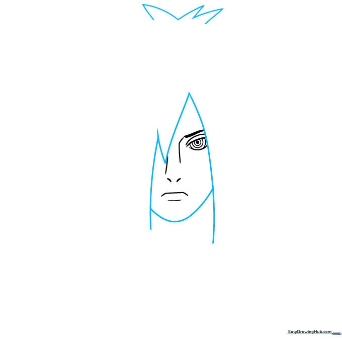 Sketch of Madara Uchiha's face framed by long, spiky anime-style hair.