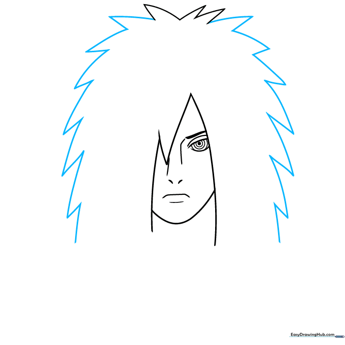 Drawing showing the addition of shaggy, spiky hair layers around the sides of the head.