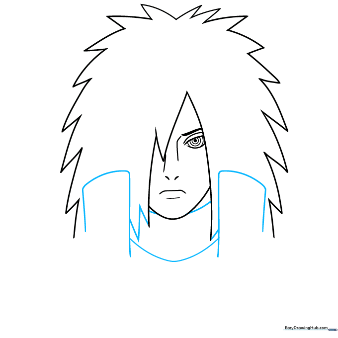 Sketch of the high, rigid collar structure typical of Madara's armor.