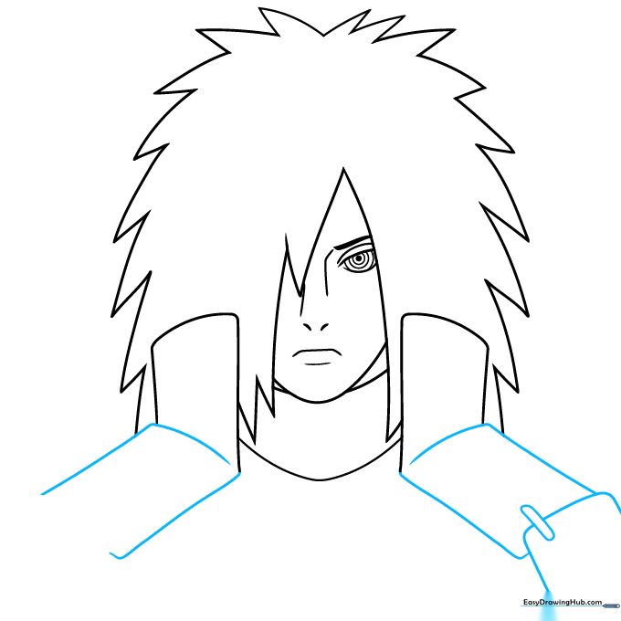 Detailed sketch of the layered rectangular armor plates on the character's shoulders.