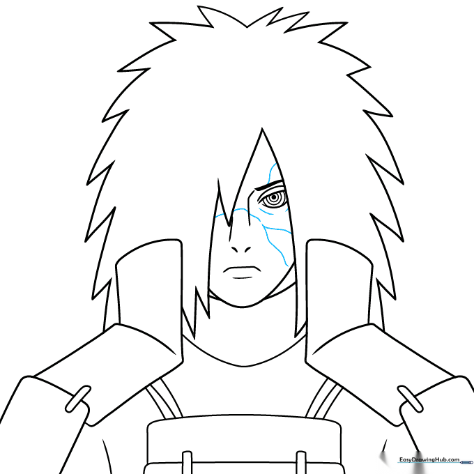Final line art showing the addition of facial scars to complete the character's look.