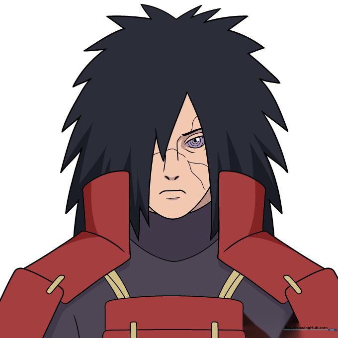 Fully colored illustration of Madara Uchiha with black hair and traditional armor colors.