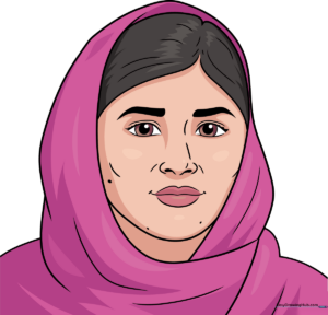 Finished colored portrait of Malala Yousafzai, suitable for educational projects.