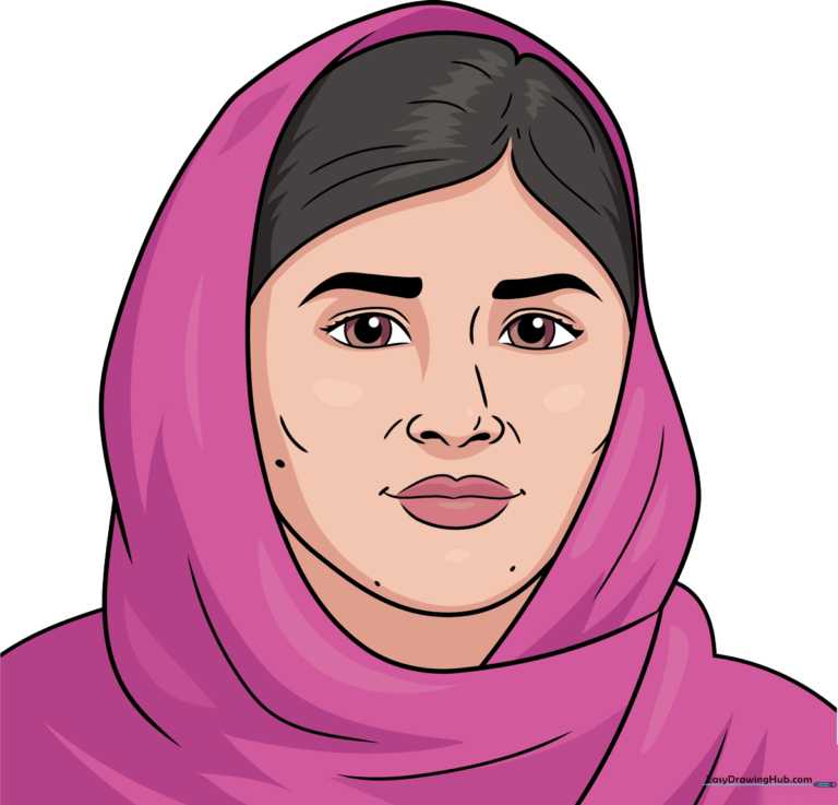 Finished colored portrait of Malala Yousafzai, suitable for educational projects.