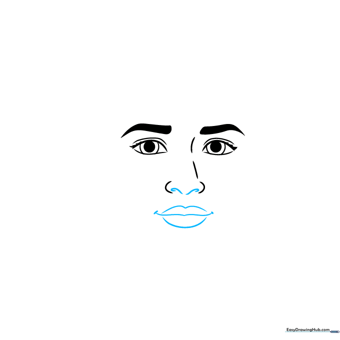Facial features sketch including a soft nose and a gentle mouth.