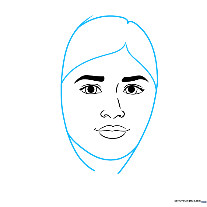 Sketch of the face framed by the initial lines of a hijab.