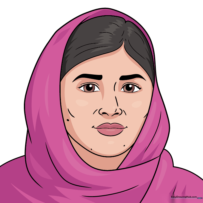 Finished, colored portrait of Malala Yousafzai.