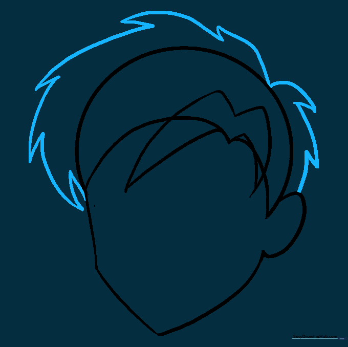 Creating the volume of the hair with jagged, spiky lines around the head.