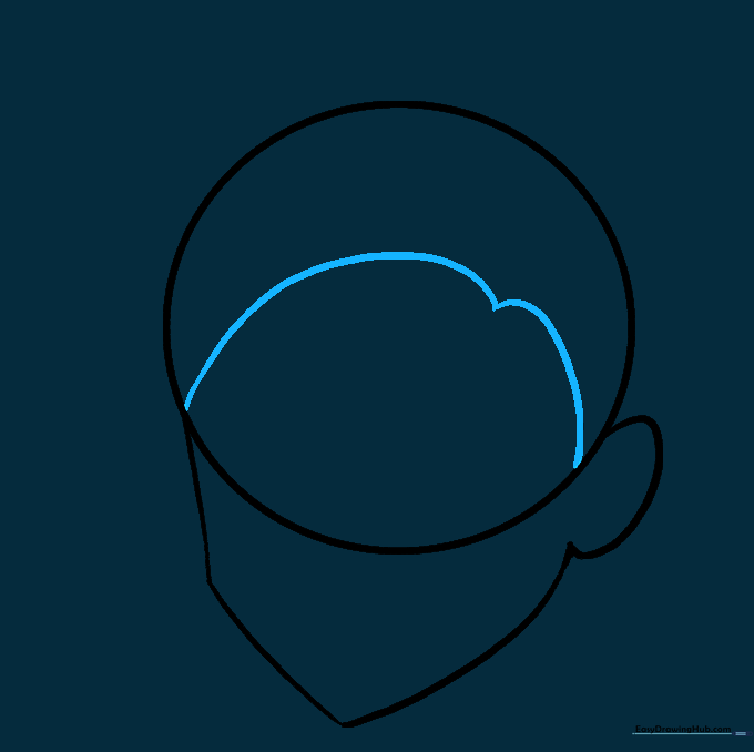 Drawing the hairline on the forehead using two curved lines meeting at a point.