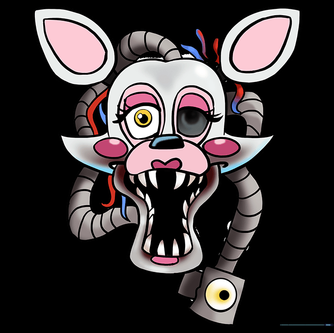 Final colored drawing of Mangle with pale face and rosy cheeks.