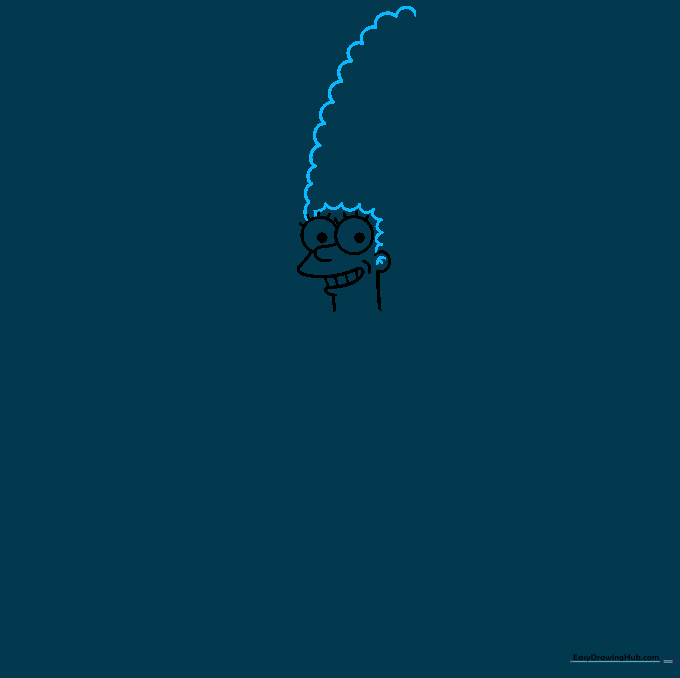 Sketching the base of Marge Simpson's tall beehive hair using small connected U-shaped lines.