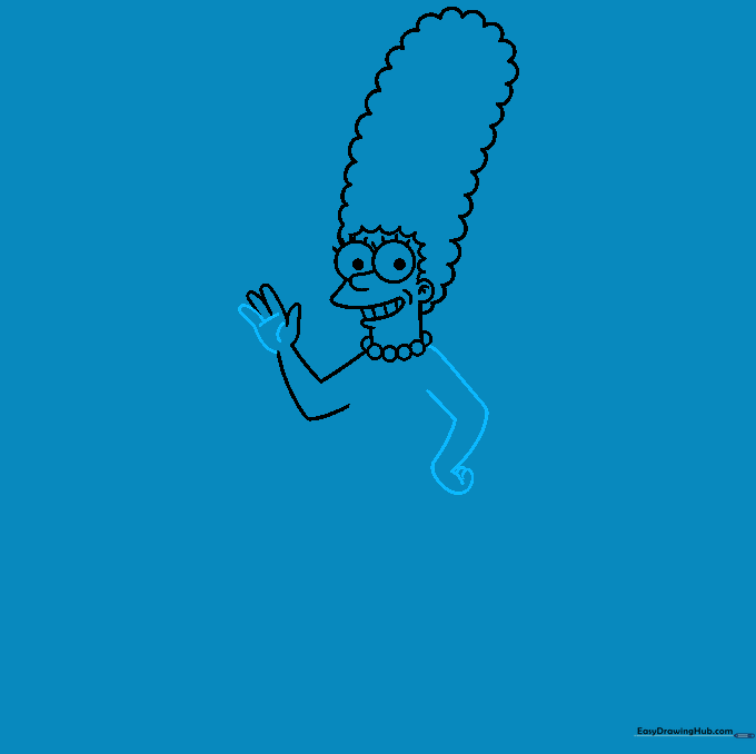 Adding palm details and sketching the second arm and hand for Marge Simpson.
