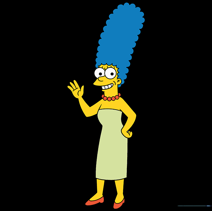 The final colored drawing of Marge Simpson with yellow skin and blue hair.