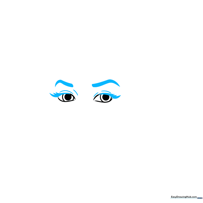 Detailed sketch showing defined eyelids, thick eyelashes, and arched eyebrows.
