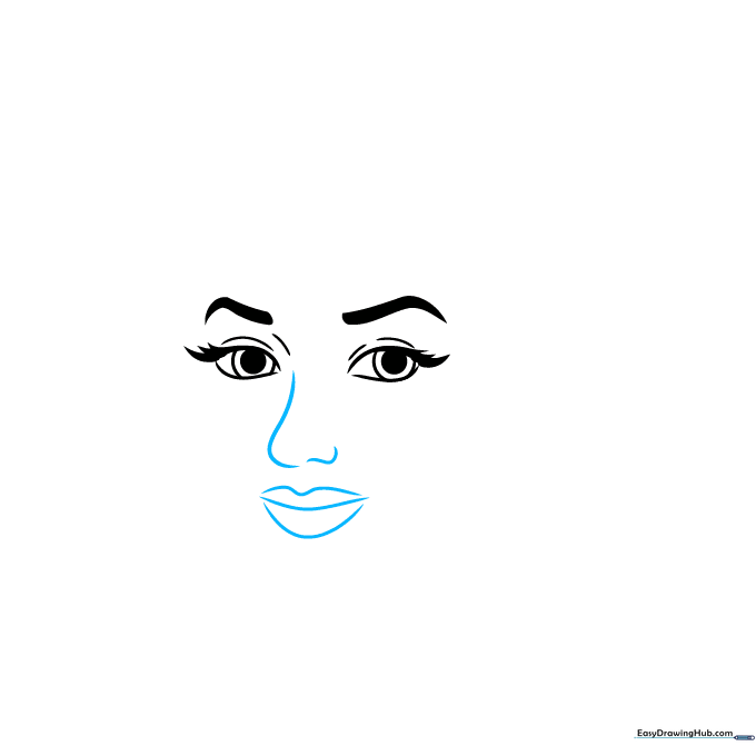 Sketch of a nose and full, curved lips centered below the eyes.