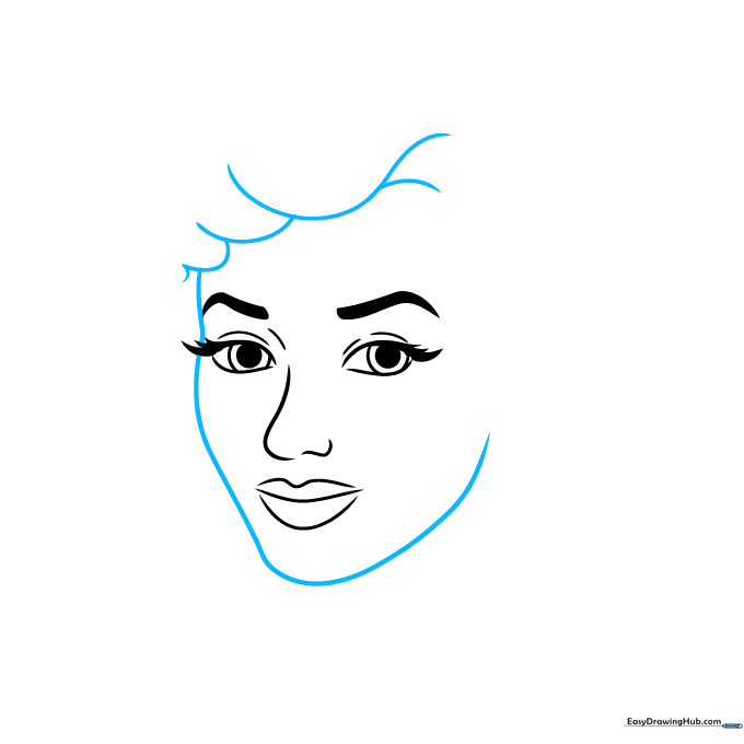 Facial outline with the beginning of a wavy hairstyle.