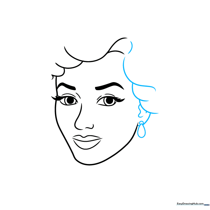 Sketch showing the ear, hair volume, and a detailed teardrop earring.