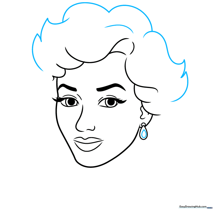 Detailed hair styling with layered curves and refined earring design.