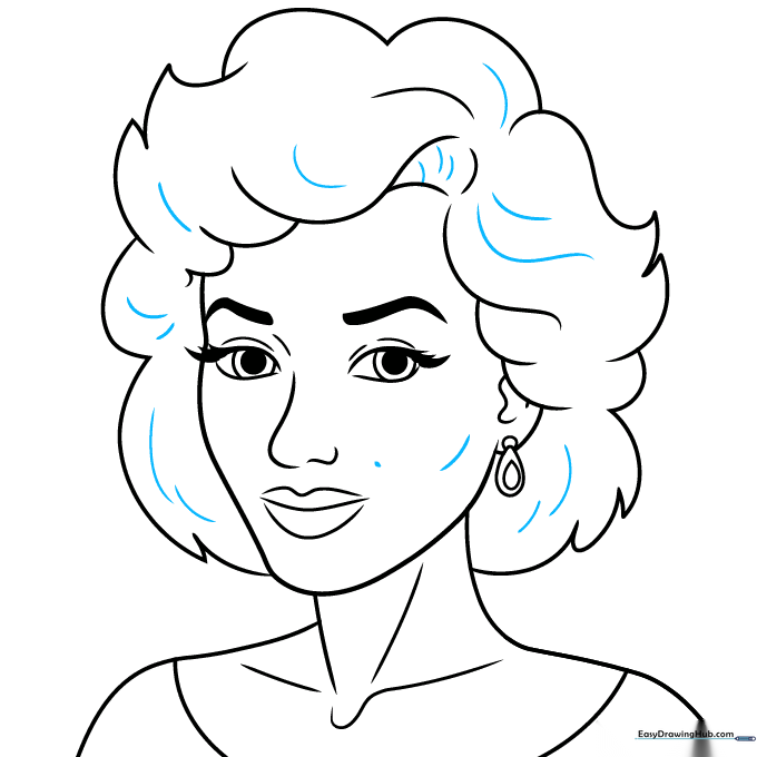 Final sketch details including hair texture, cheekbone contour, and beauty mark.