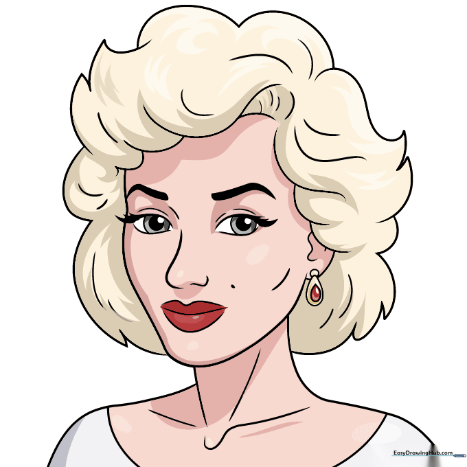 Finished, colored portrait of Marilyn Monroe with blonde hair and red lips.