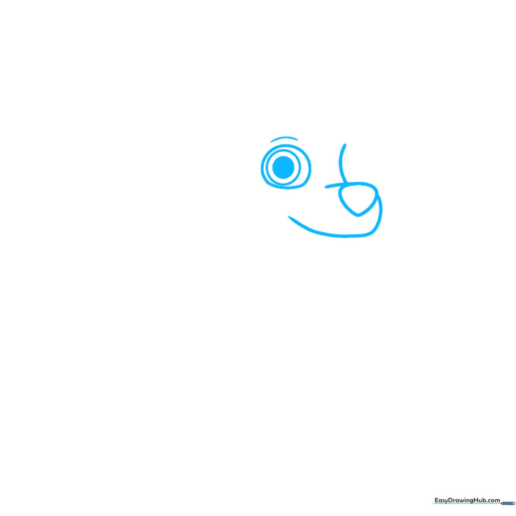 Close-up sketch of Marshall's snout and eye showing circular eye construction and nose placement.
