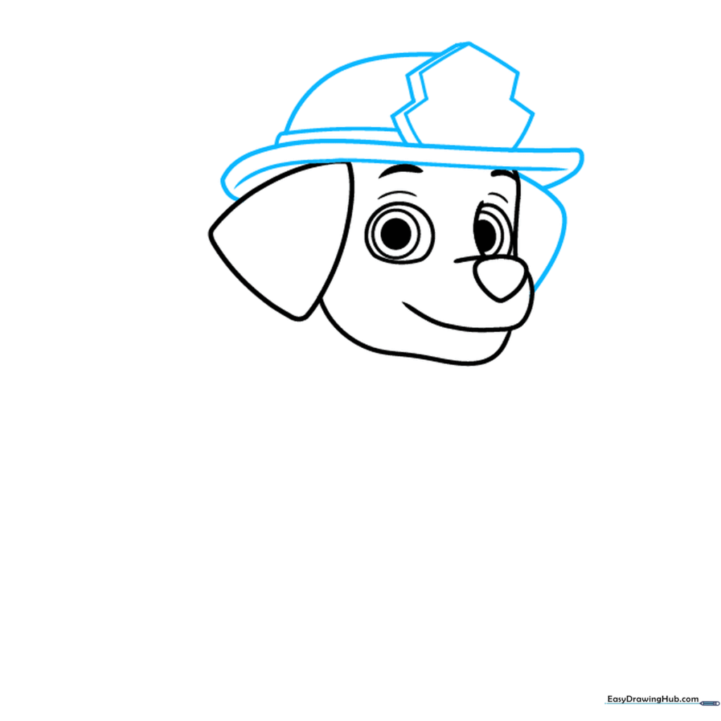 Drawing Marshall's firefighter hat with the front badge detail.