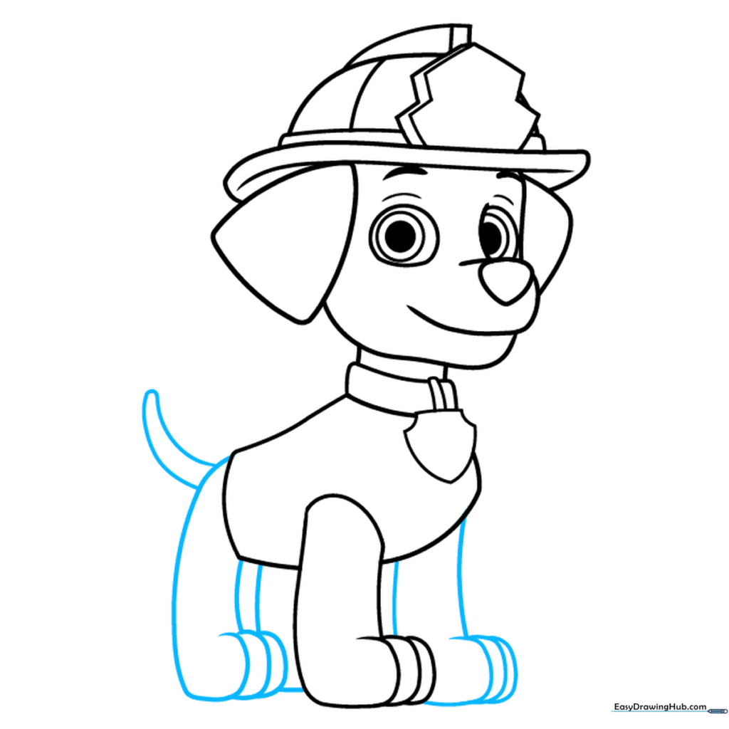 Adding the back legs and a wagging tail to the Marshall character sketch.