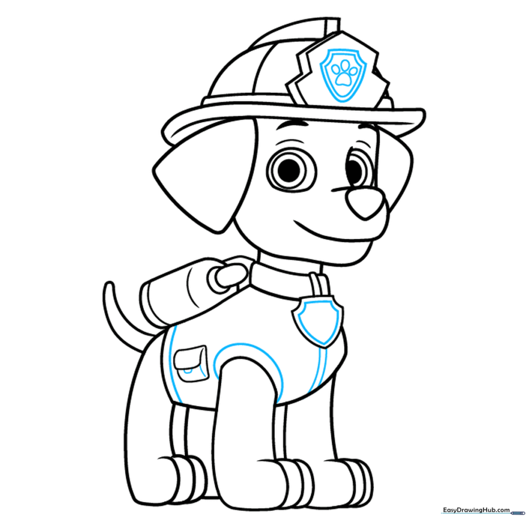 Adding final details like the paw print badge and vest markings.