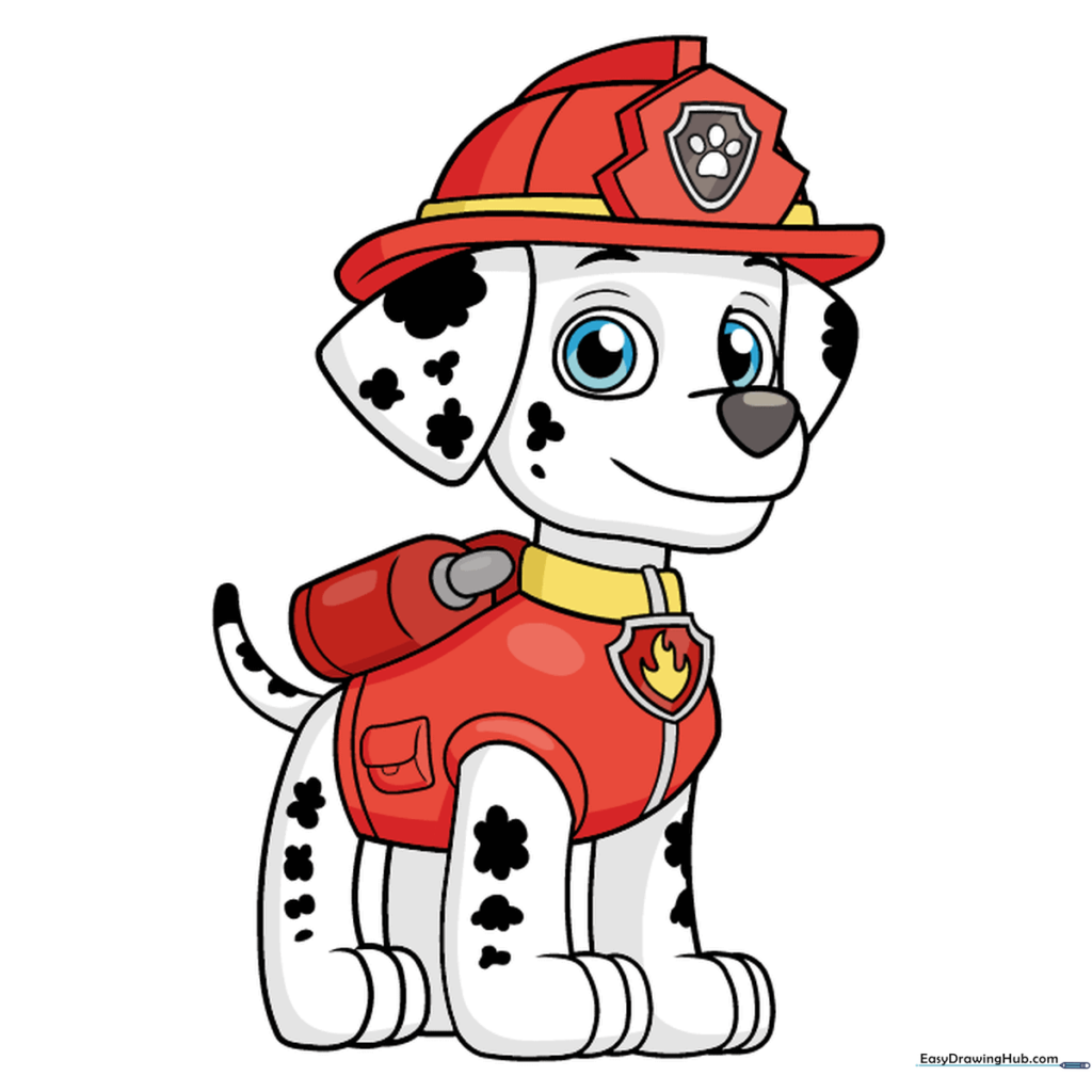 Final colored drawing of Marshall from PAW Patrol in his red firefighter uniform.