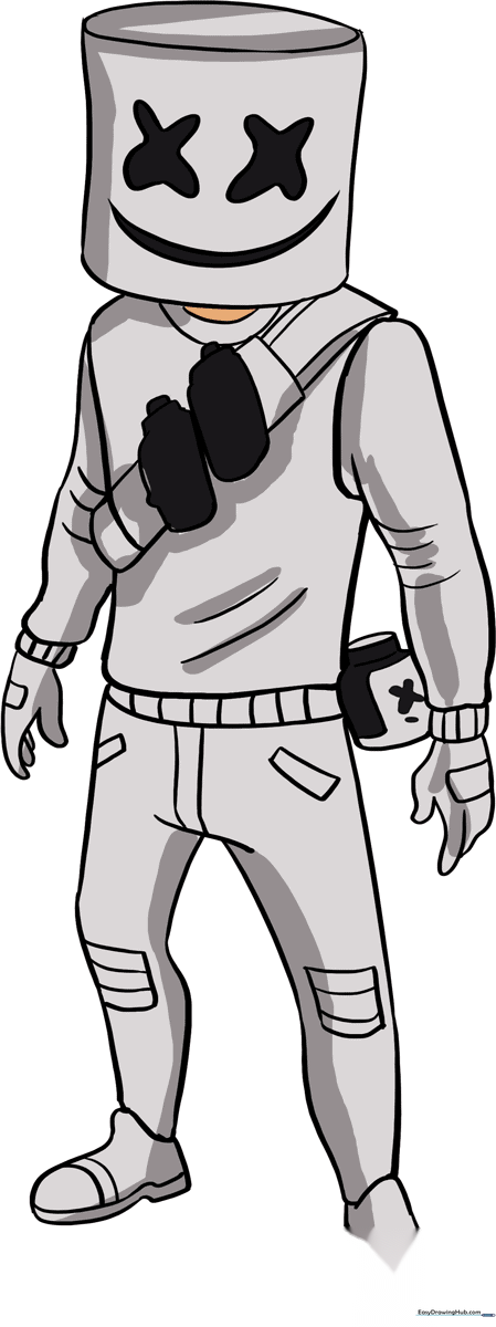 Full-body illustration of Marshmello from Fortnite, showcasing the final result of the drawing tutorial.