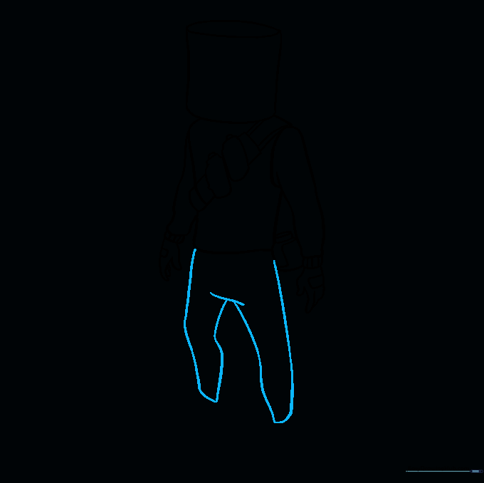 Drawing the legs with long, smooth lines to create the pant shape.