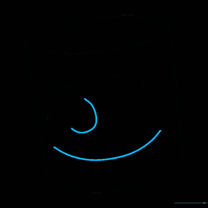 The eyes are finished and a wide smile is drawn on the mask.