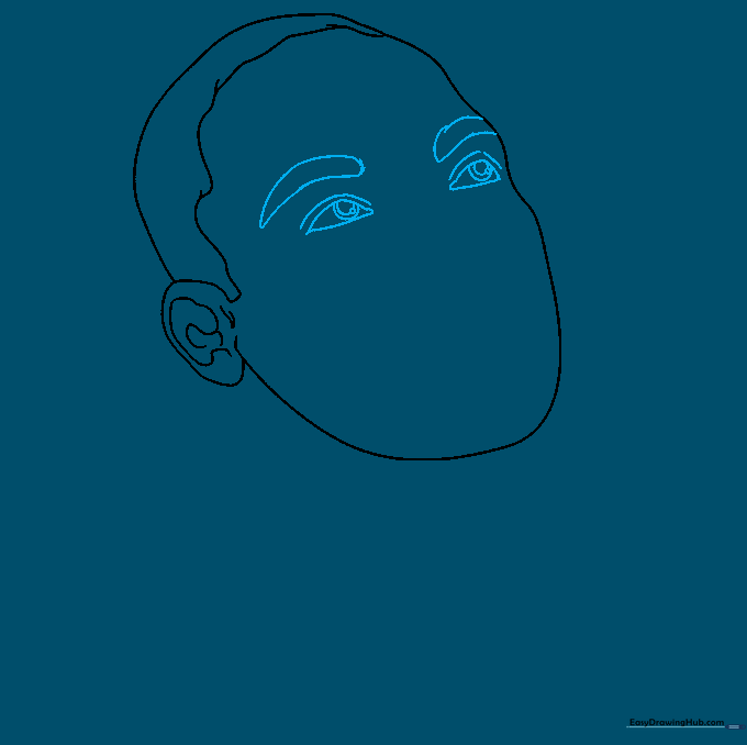 Drawing the eyes, eyelids, and eyebrows with careful attention to shape and pupil placement.