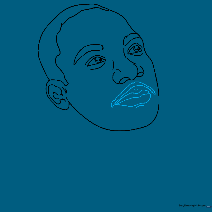 Drawing the lips, chin, and a neat mustache to complete the facial features.
