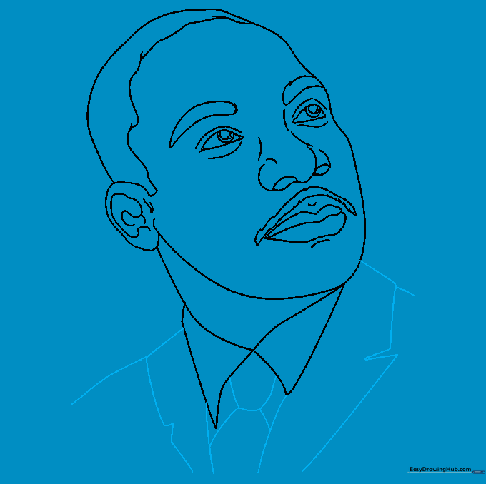 Completing the drawing by adding shoulders, suit lapels, and a necktie.