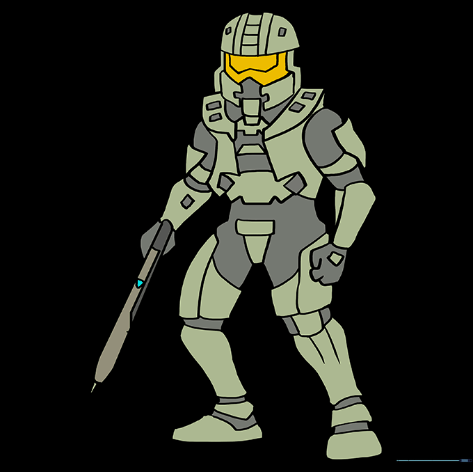 The completed, colored illustration of Master Chief in his iconic green armor.