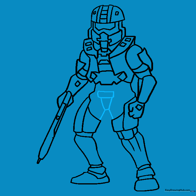 Finalizing the full-body outline of Master Chief with all armor components connected.