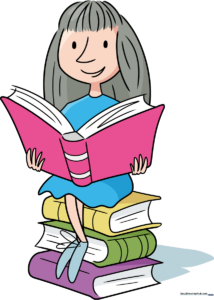 Colorful illustration of Matilda sitting on a stack of books, ready for a drawing lesson.