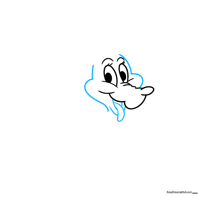 Outlining the head shape and adding a happy, open-mouthed expression with a small tongue.