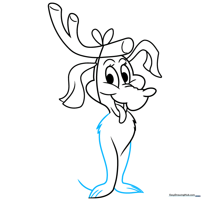 Drawing the front legs and paws with small lines for toes.