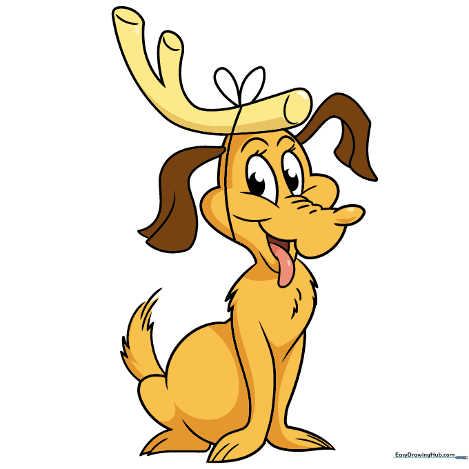 The final colored drawing of Max from The Grinch with golden fur and a red bow.