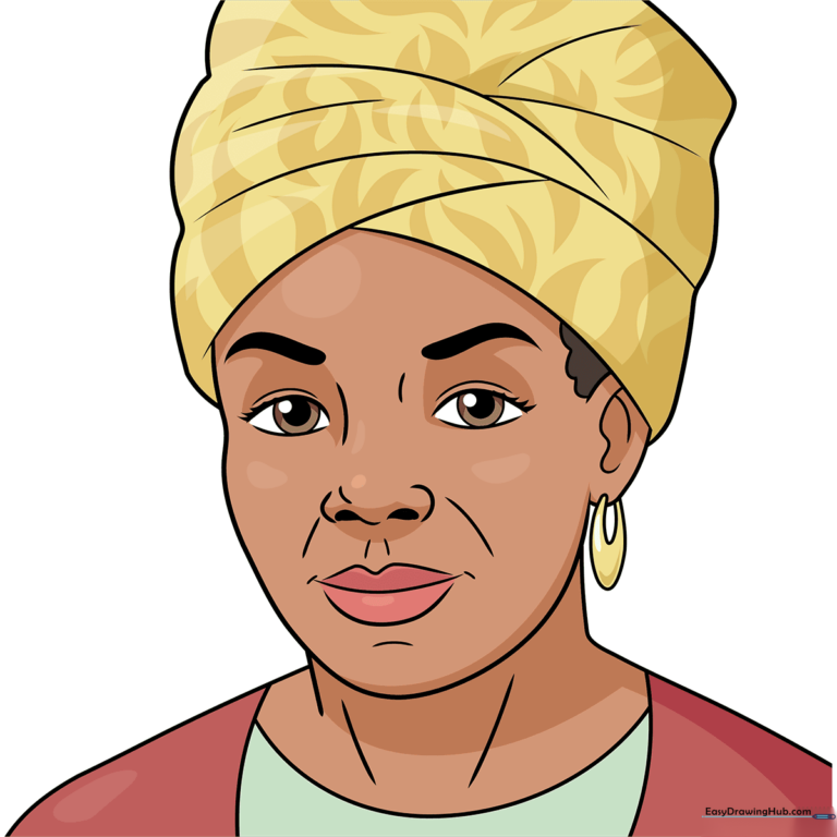 A vibrant, finished portrait of Maya Angelou, showcasing her iconic head wrap and warm expression.