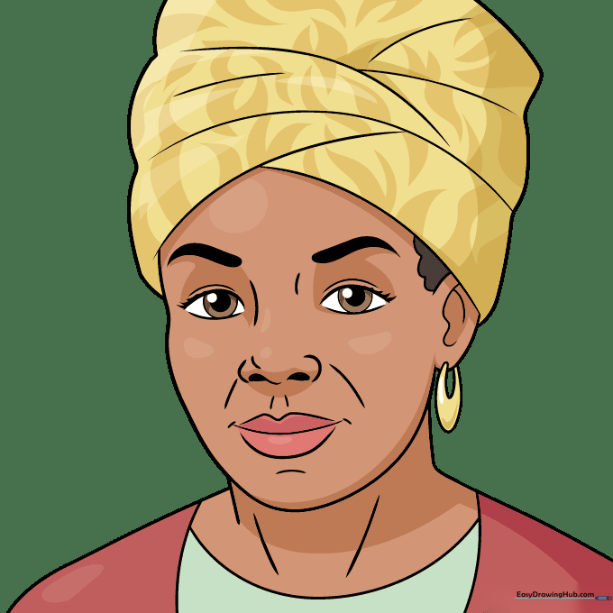 Finished colored portrait of Maya Angelou wearing a colorful head wrap.
