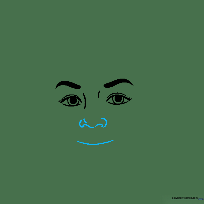Sketch of the nose bridge, nostrils, and a simple curved line for the mouth.
