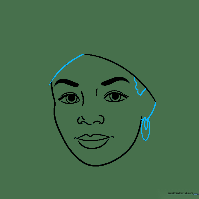 Drawing the ear and a large hoop earring attached to the side of the face.
