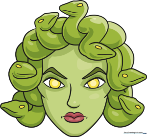 Full-color illustration of Medusa with snake hair, featured in a friendly cartoon style.