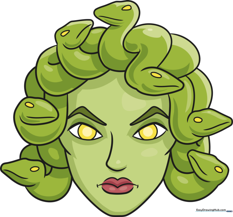 Full-color illustration of Medusa with snake hair, featured in a friendly cartoon style.